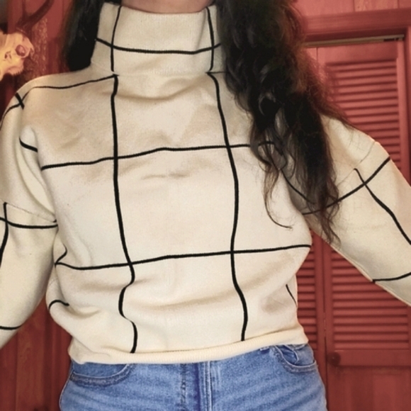 Womens Sweater Ivory Mockneck, S/M Diagonal Print, Wool Blend, Classic - Picture 2 of 2